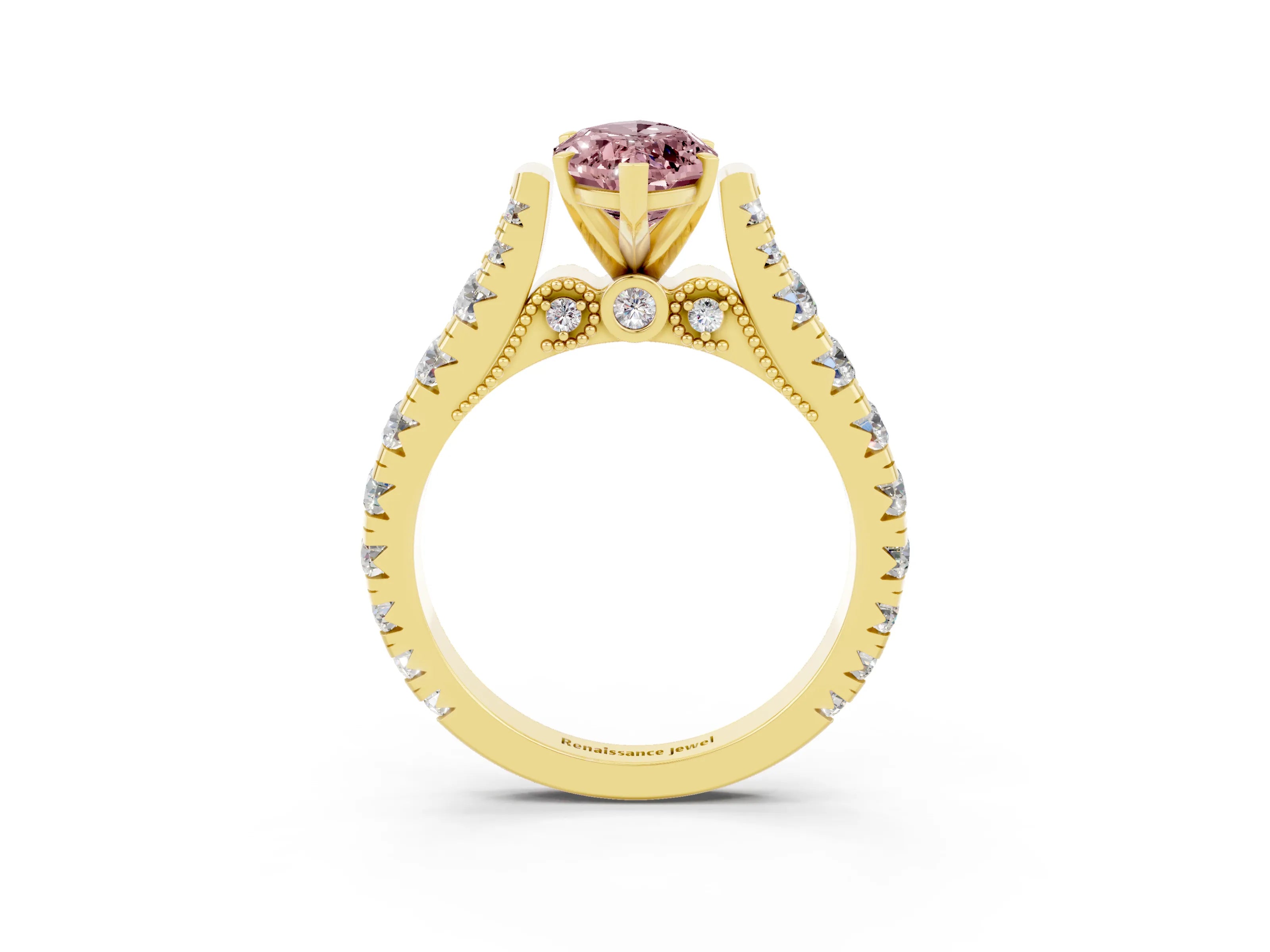 Yellow gold Marquise Cut Morganite Classic Solitaire Ring with Pavé Band and Four-Prong Setting_3