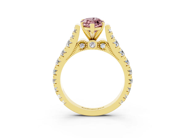 Yellow gold Marquise Cut Morganite Classic Solitaire Ring with Pavé Band and Four-Prong Setting