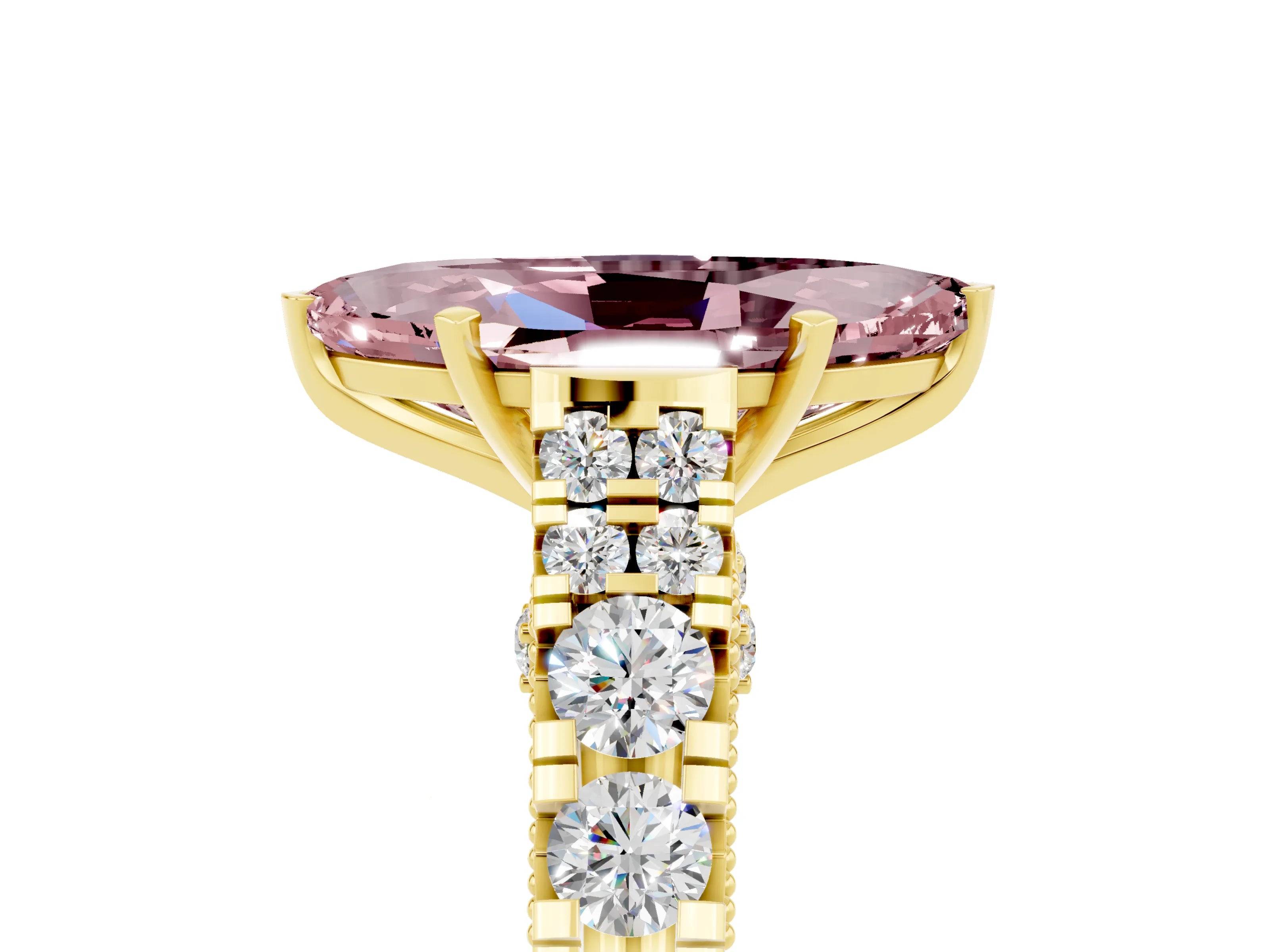 Yellow gold Marquise Cut Morganite Classic Solitaire Ring with Pavé Band and Four-Prong Setting_5