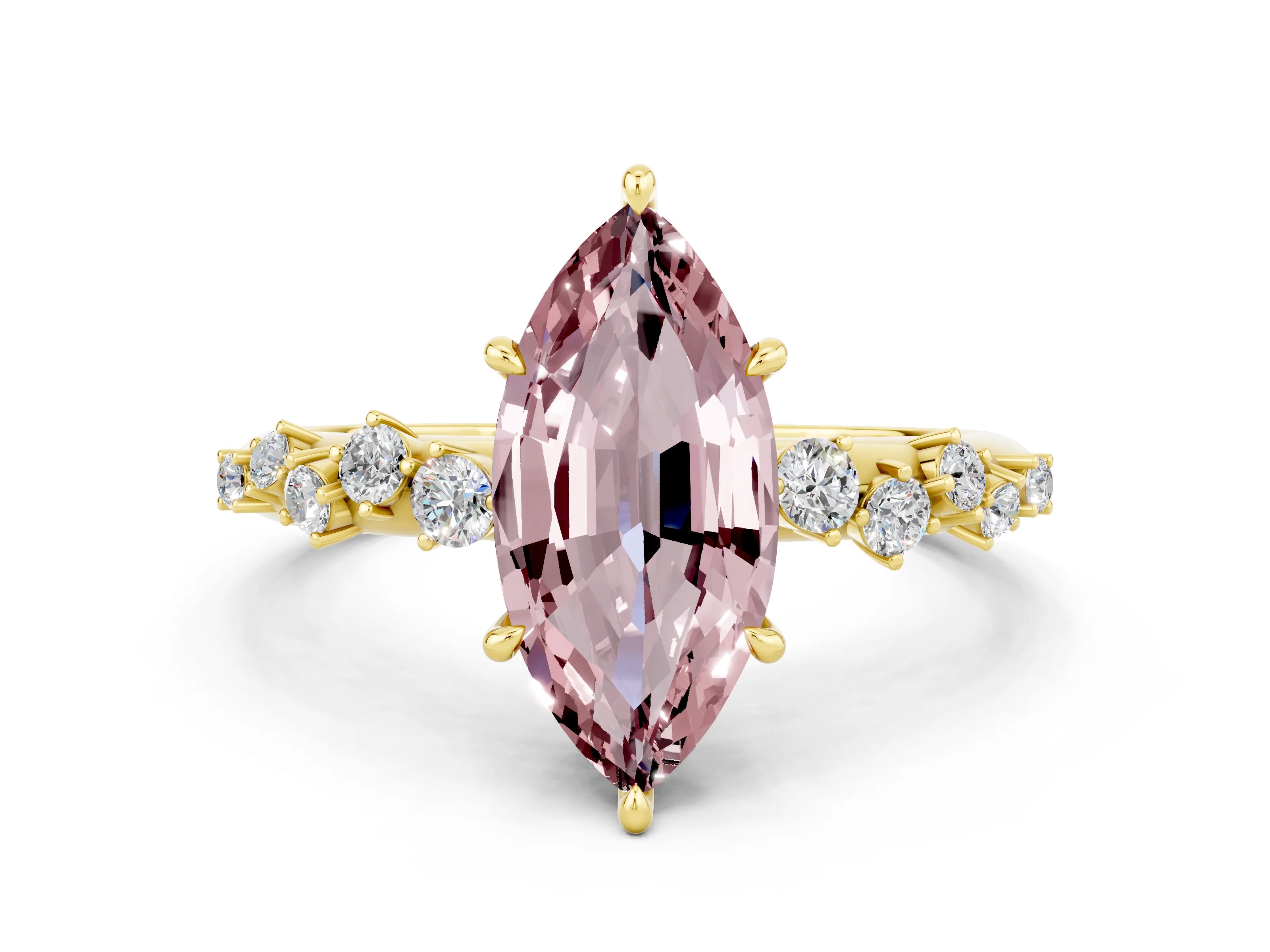Yellow gold Marquise Cut Morganite Cluster Side Stone Solitaire Ring with Prong Setting_24