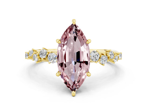 Yellow gold Marquise Cut Morganite Cluster Side Stone Solitaire Ring with Prong Setting