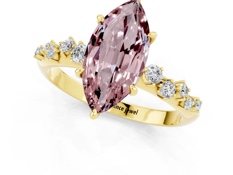 Yellow gold Marquise Cut Morganite Cluster Side Stone Solitaire Ring with Prong Setting_25