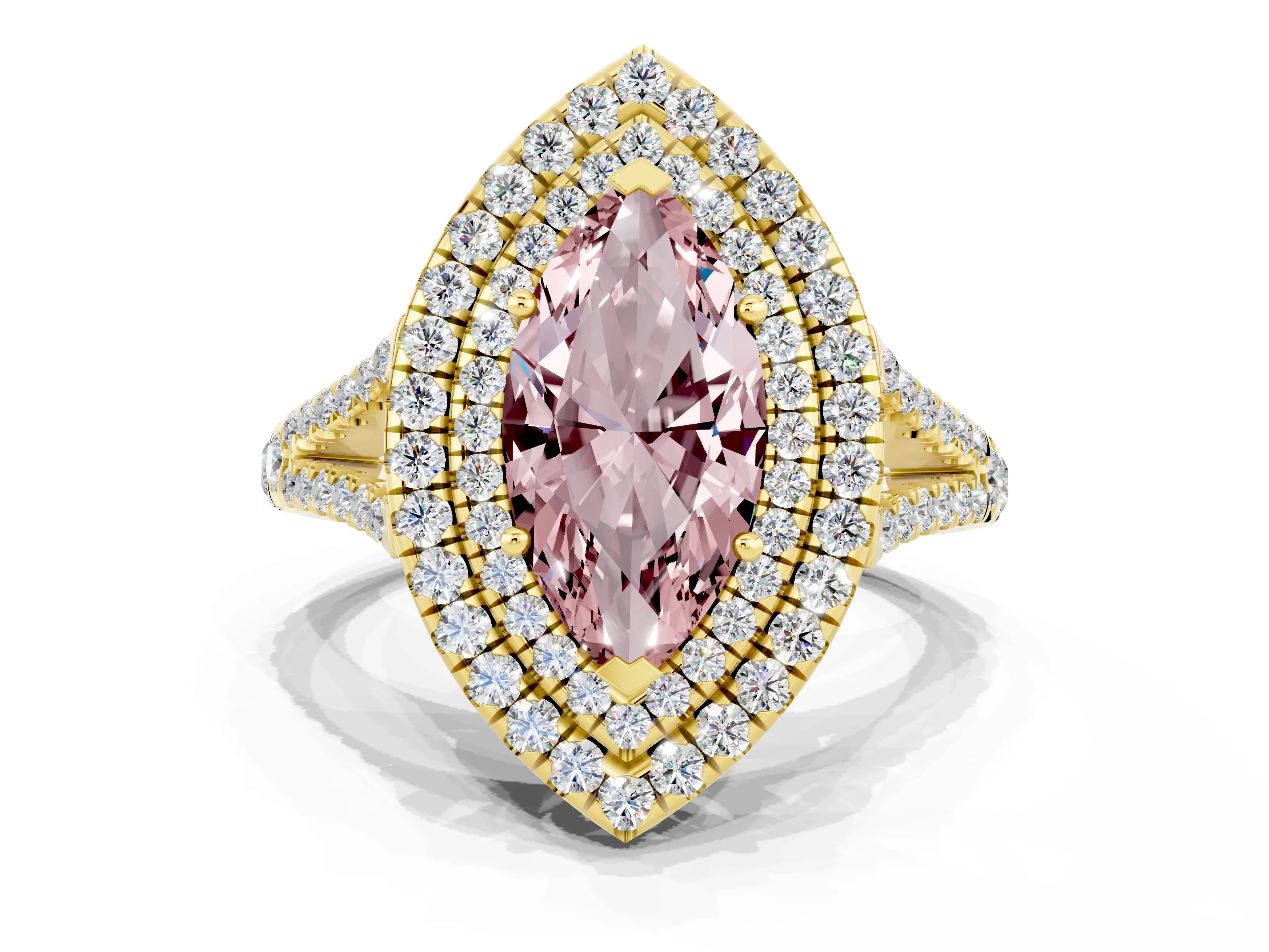 Yellow gold Marquise Cut Morganite Double Halo Ring with Pavé Band and Prong Setting_12