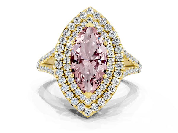 Yellow gold Marquise Cut Morganite Double Halo Ring with Pavé Band and Prong Setting