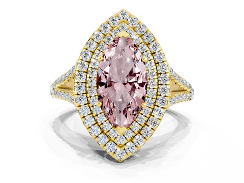 Yellow gold Marquise Cut Morganite Double Halo Ring with Pavé Band and Prong Setting_12