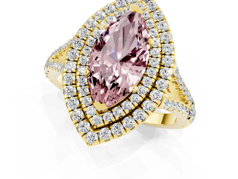 Yellow gold Marquise Cut Morganite Double Halo Ring with Pavé Band and Prong Setting_13