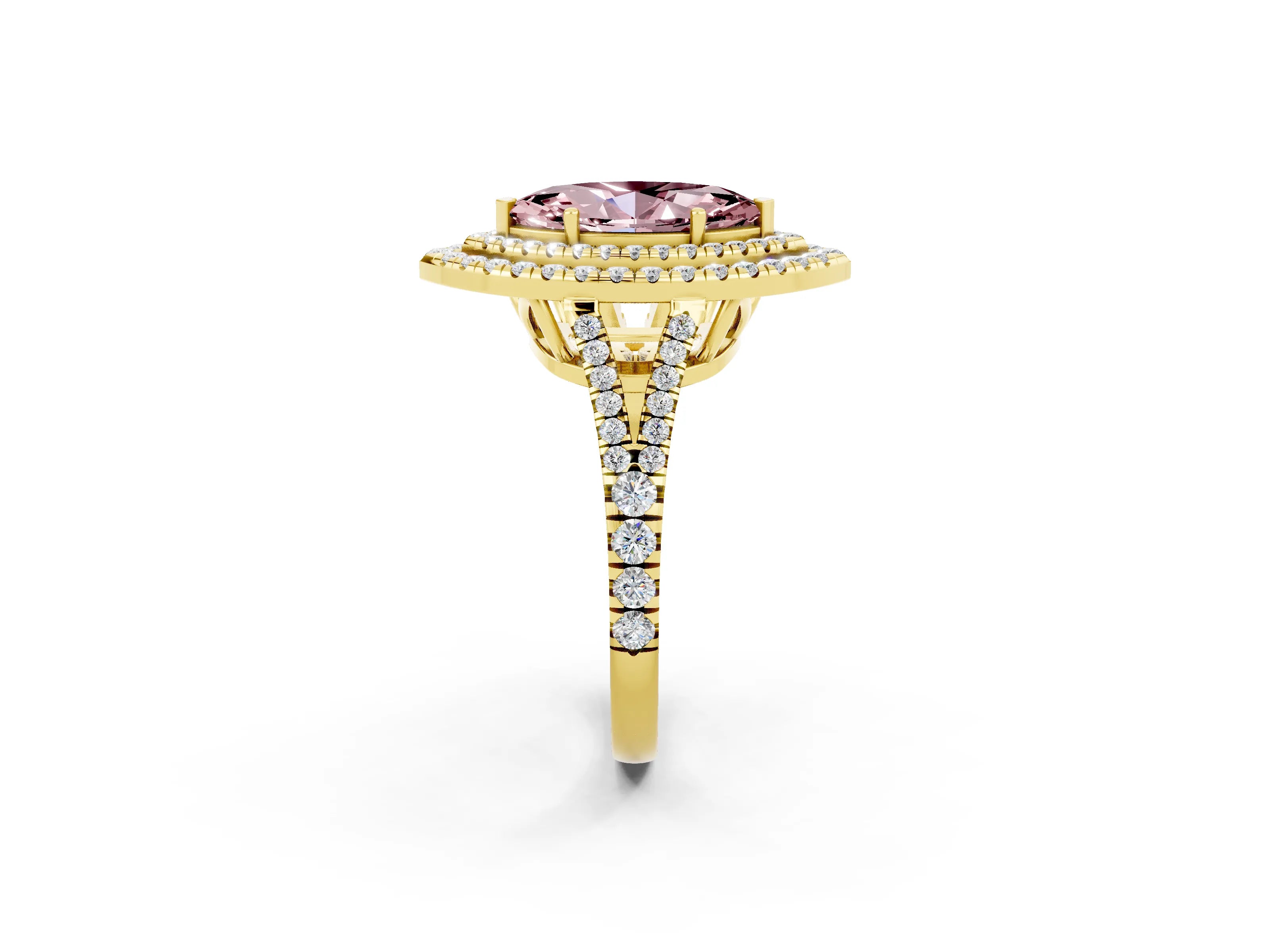 Yellow gold Marquise Cut Morganite Double Halo Ring with Pavé Band and Prong Setting_14