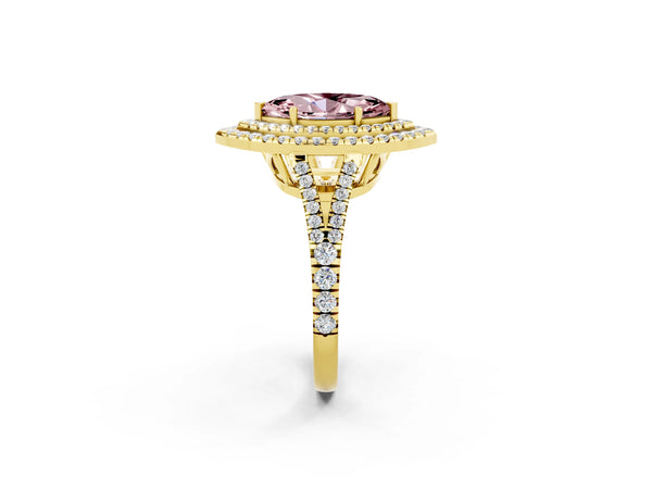 Yellow gold Marquise Cut Morganite Double Halo Ring with Pavé Band and Prong Setting