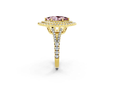 Yellow gold Marquise Cut Morganite Double Halo Ring with Pavé Band and Prong Setting_14