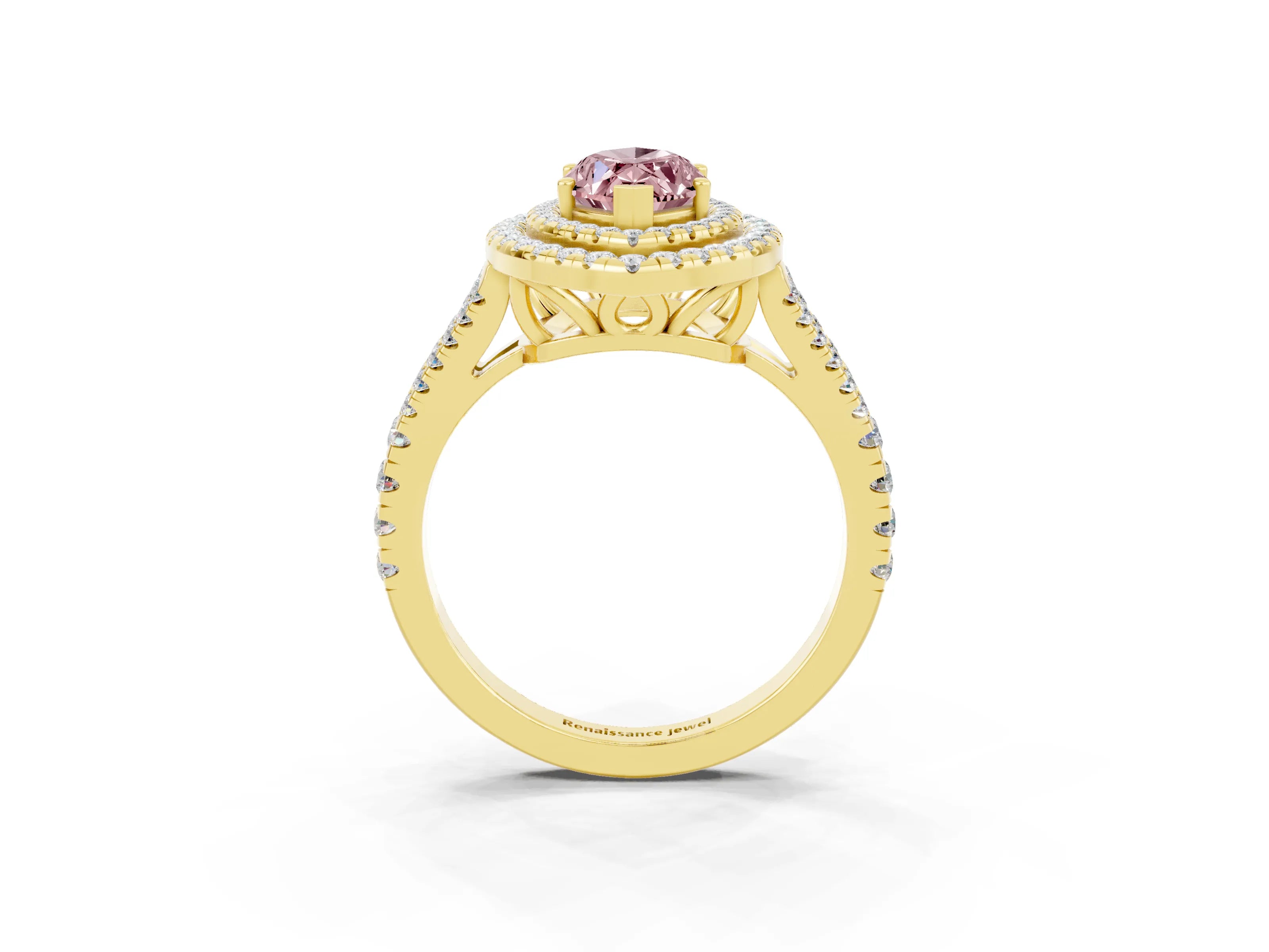 Yellow gold Marquise Cut Morganite Double Halo Ring with Pavé Band and Prong Setting_15