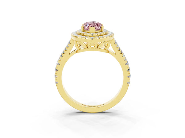 Yellow gold Marquise Cut Morganite Double Halo Ring with Pavé Band and Prong Setting
