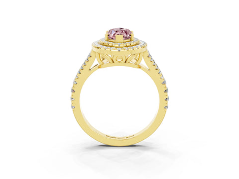 Yellow gold Marquise Cut Morganite Double Halo Ring with Pavé Band and Prong Setting_15