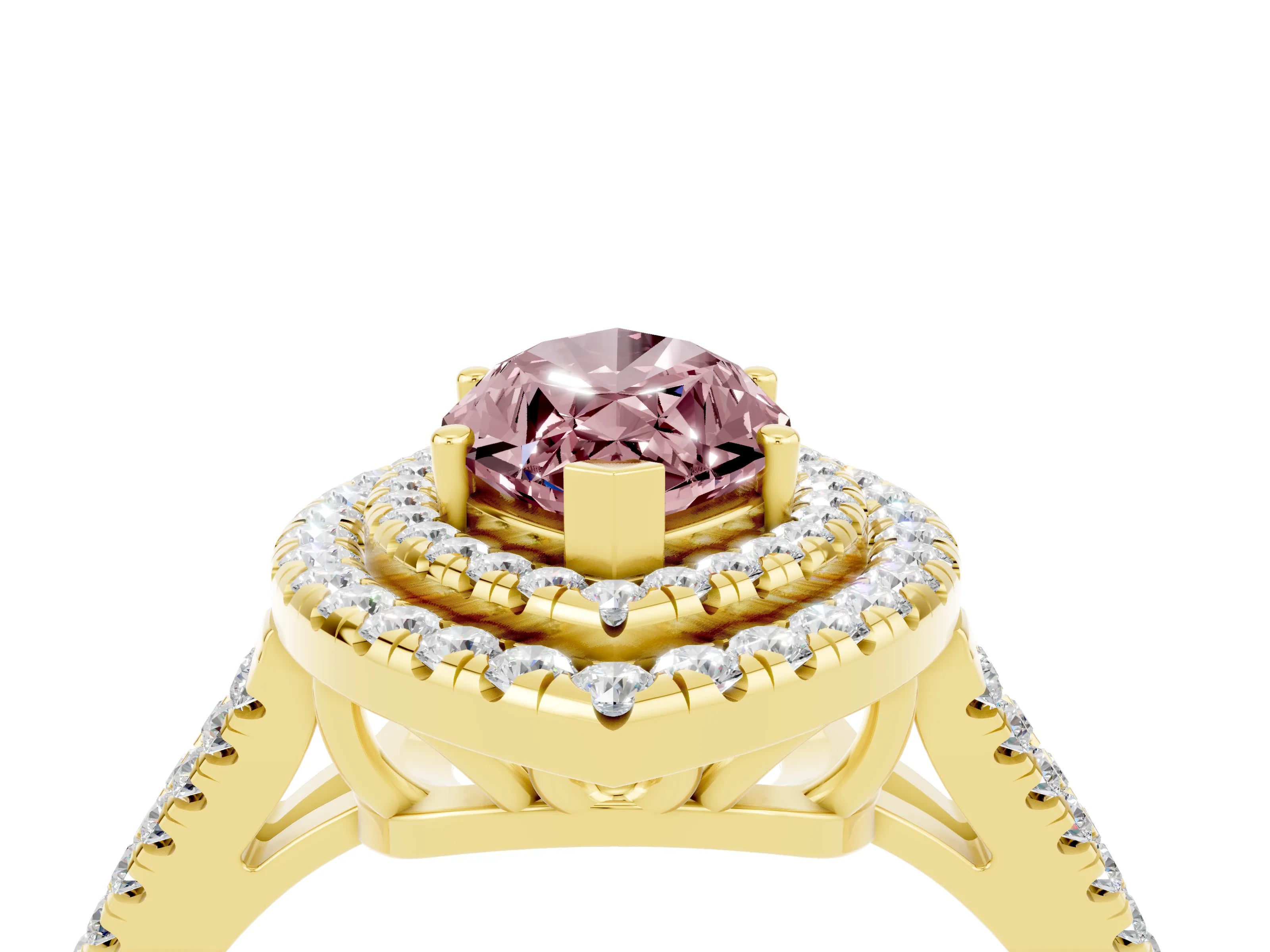 Yellow gold Marquise Cut Morganite Double Halo Ring with Pavé Band and Prong Setting_16
