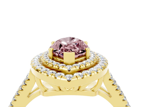 Yellow gold Marquise Cut Morganite Double Halo Ring with Pavé Band and Prong Setting_16