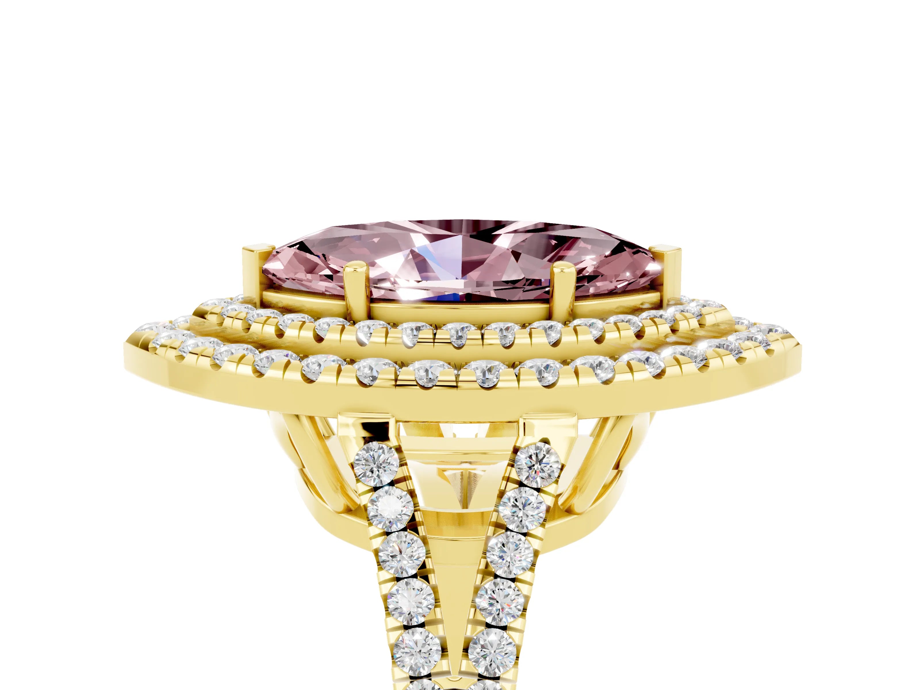Yellow gold Marquise Cut Morganite Double Halo Ring with Pavé Band and Prong Setting_17