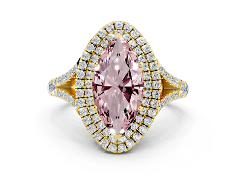 Yellow gold Marquise Cut Morganite Double Halo Ring with Split Shank and Prong Setting_12