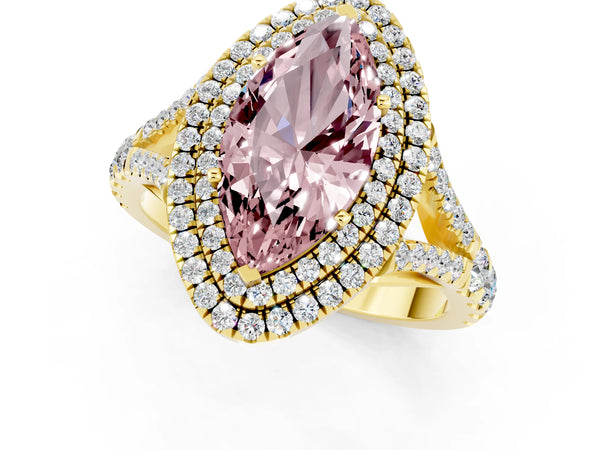 Yellow gold Marquise Cut Morganite Double Halo Ring with Split Shank and Prong Setting