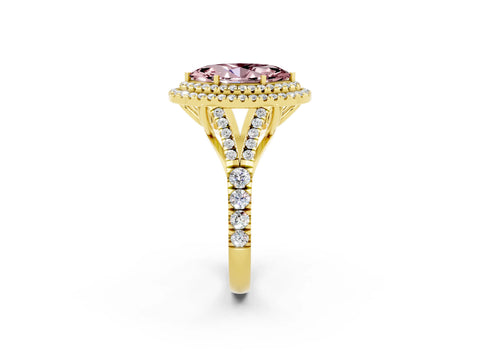 Yellow gold Marquise Cut Morganite Double Halo Ring with Split Shank and Prong Setting_14