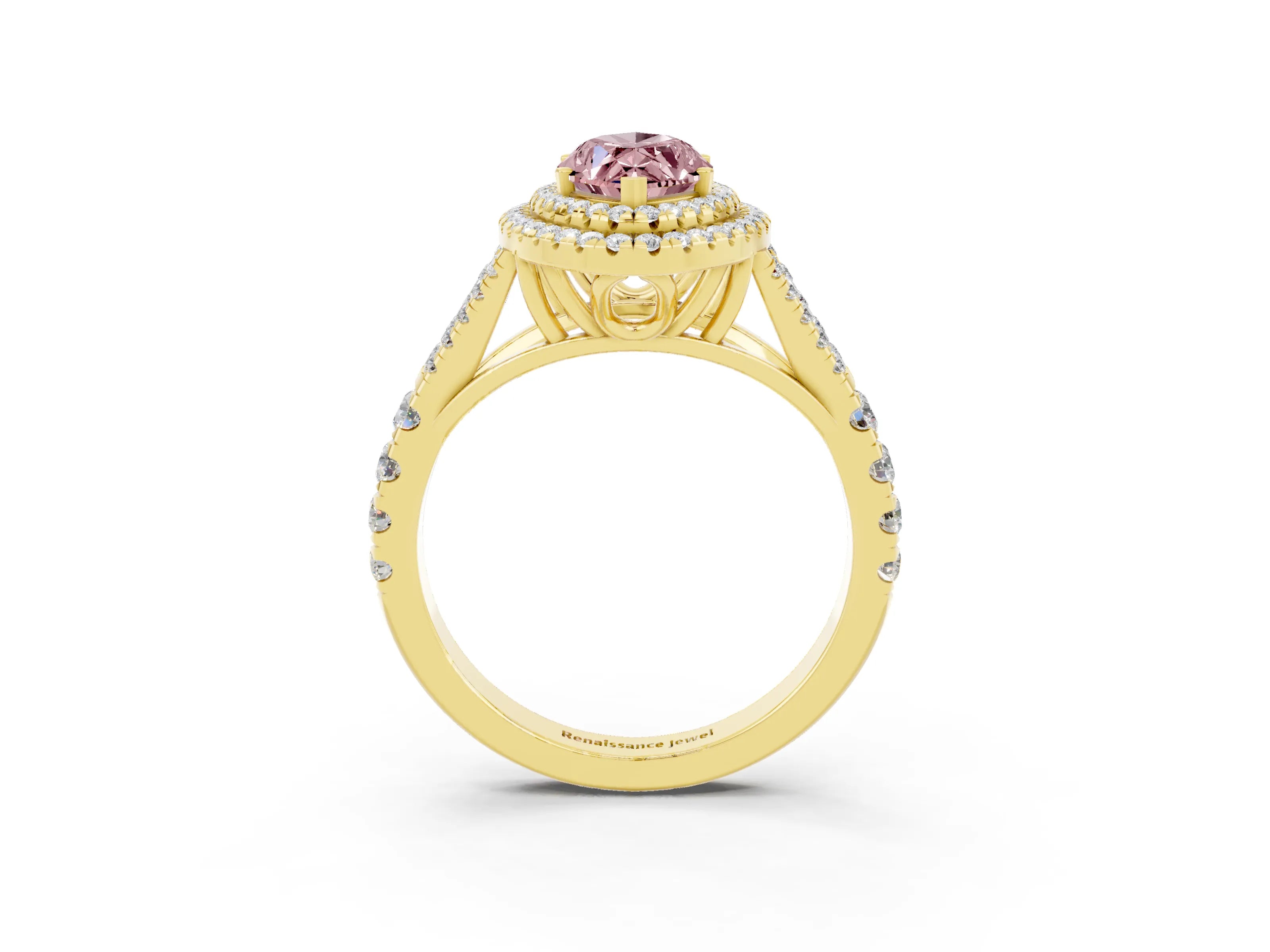 Yellow gold Marquise Cut Morganite Double Halo Ring with Split Shank and Prong Setting_15