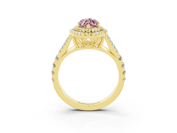 Yellow gold Marquise Cut Morganite Double Halo Ring with Split Shank and Prong Setting