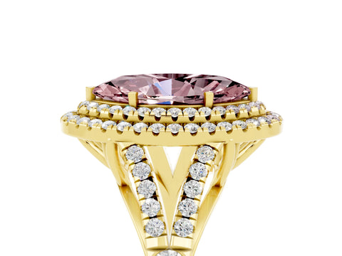 Yellow gold Marquise Cut Morganite Double Halo Ring with Split Shank and Prong Setting_17