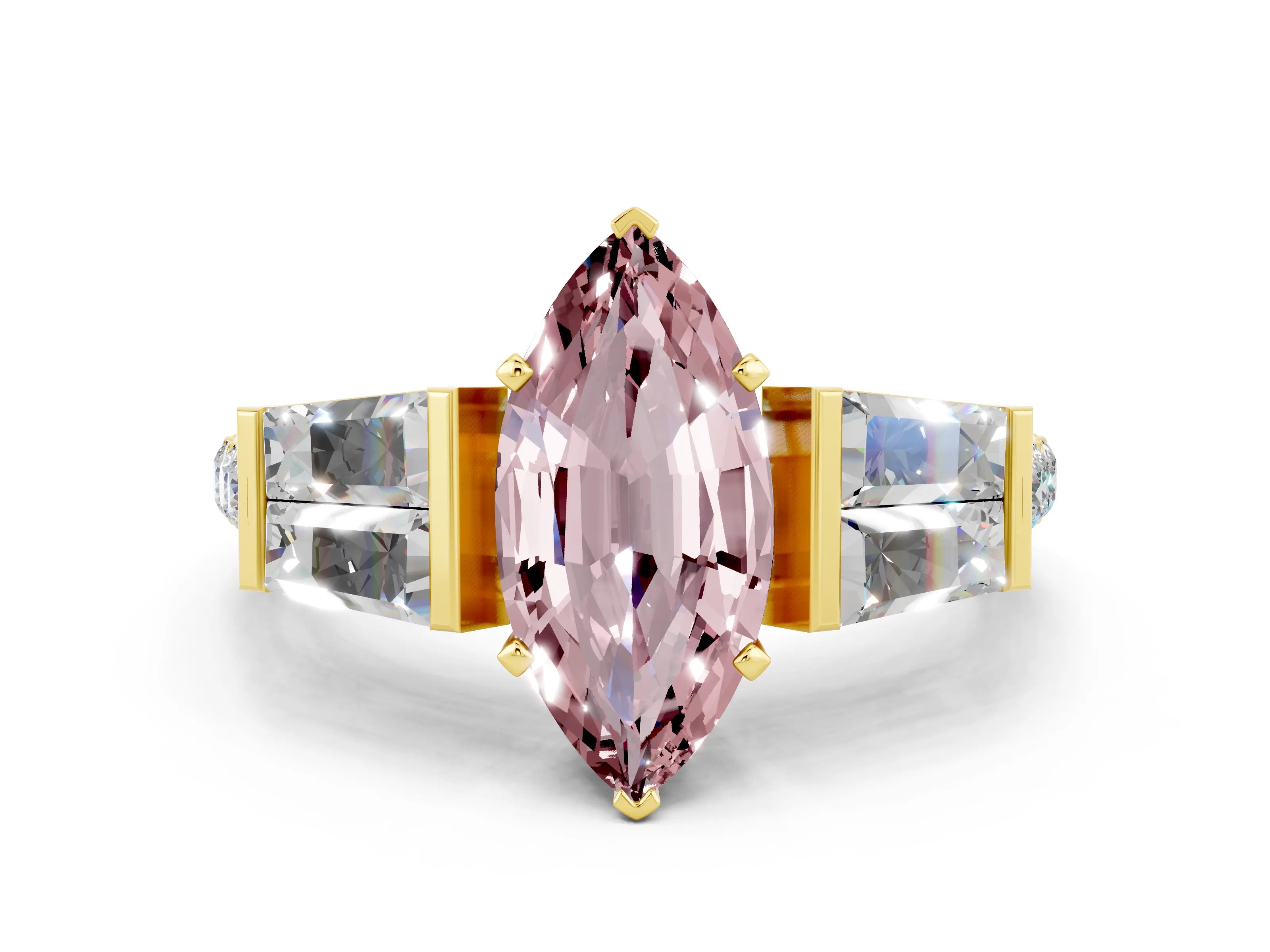 Yellow gold Marquise Cut Morganite Engagement Ring with Baguette Side Stones and Channel Set Band