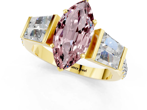 Yellow gold Marquise Cut Morganite Engagement Ring with Baguette Side Stones and Channel Set Band