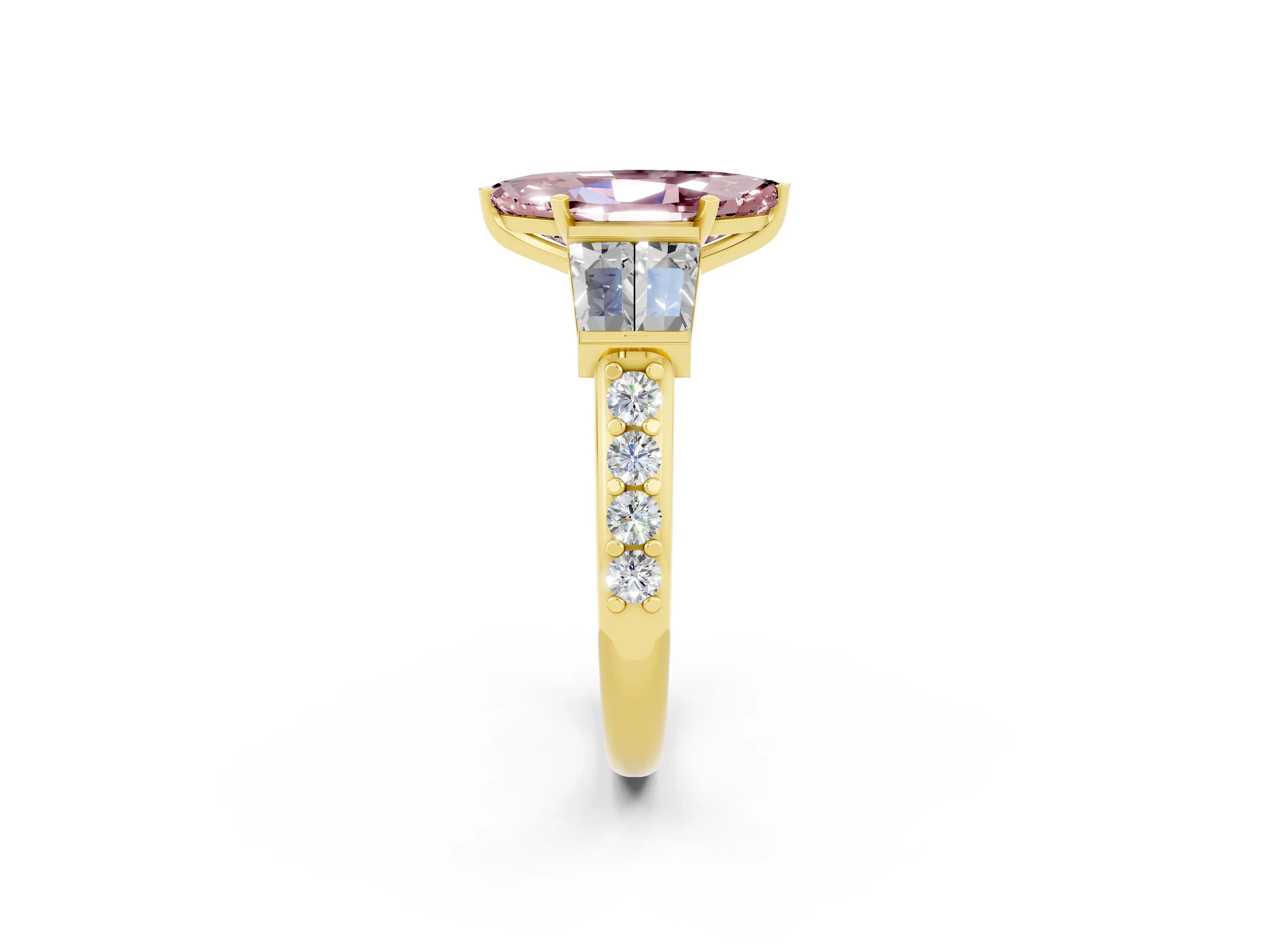 Yellow gold Marquise Cut Morganite Engagement Ring with Baguette Side Stones and Channel Set Band_2