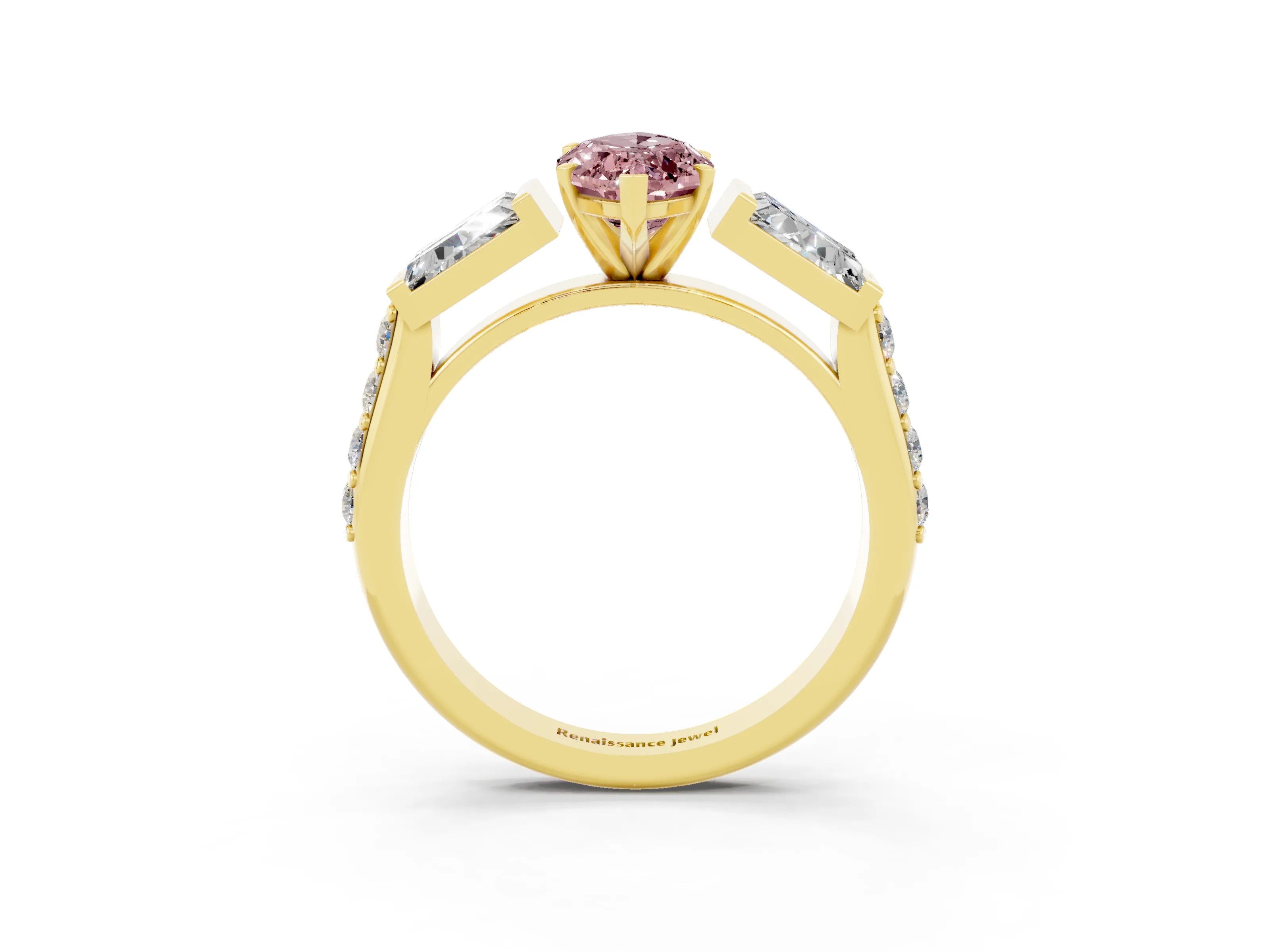 Yellow gold Marquise Cut Morganite Engagement Ring with Baguette Side Stones and Channel Set Band_3