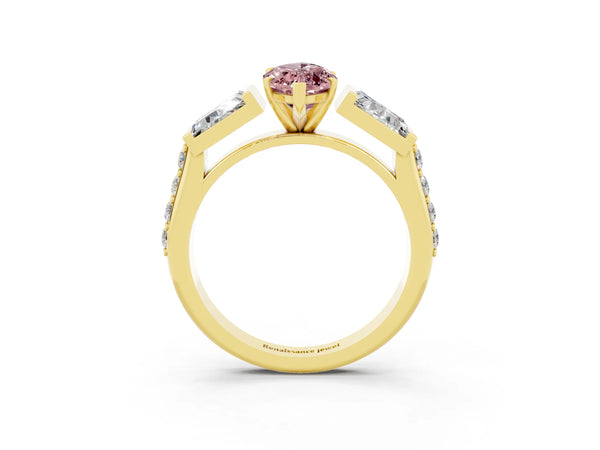 Yellow gold Marquise Cut Morganite Engagement Ring with Baguette Side Stones and Channel Set Band