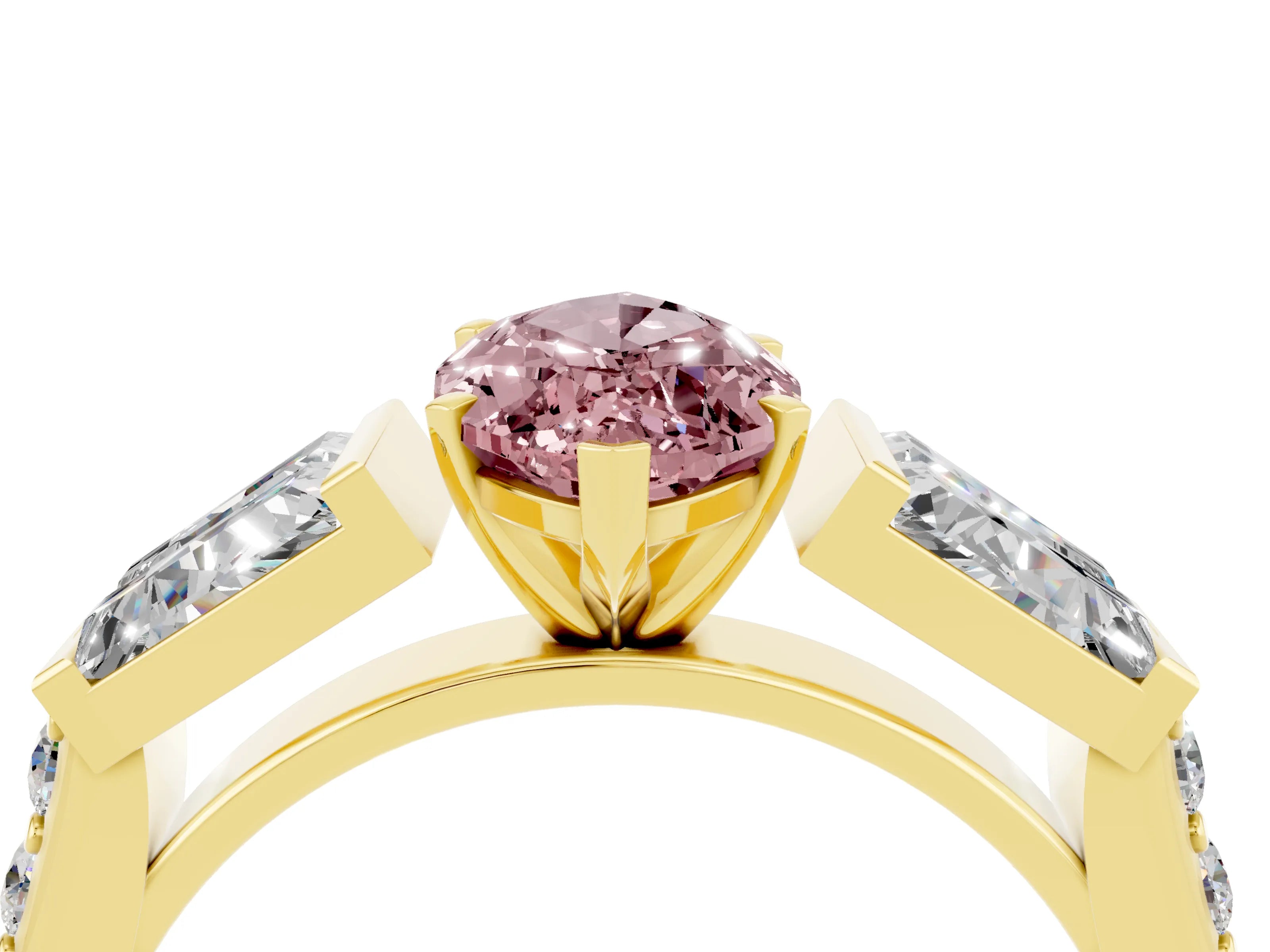 Yellow gold Marquise Cut Morganite Engagement Ring with Baguette Side Stones and Channel Set Band_4