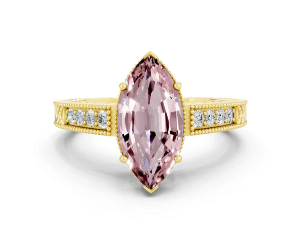 Yellow gold Marquise Cut Morganite Engagement Ring with Milgrain Channel Set Band and Prong Setting