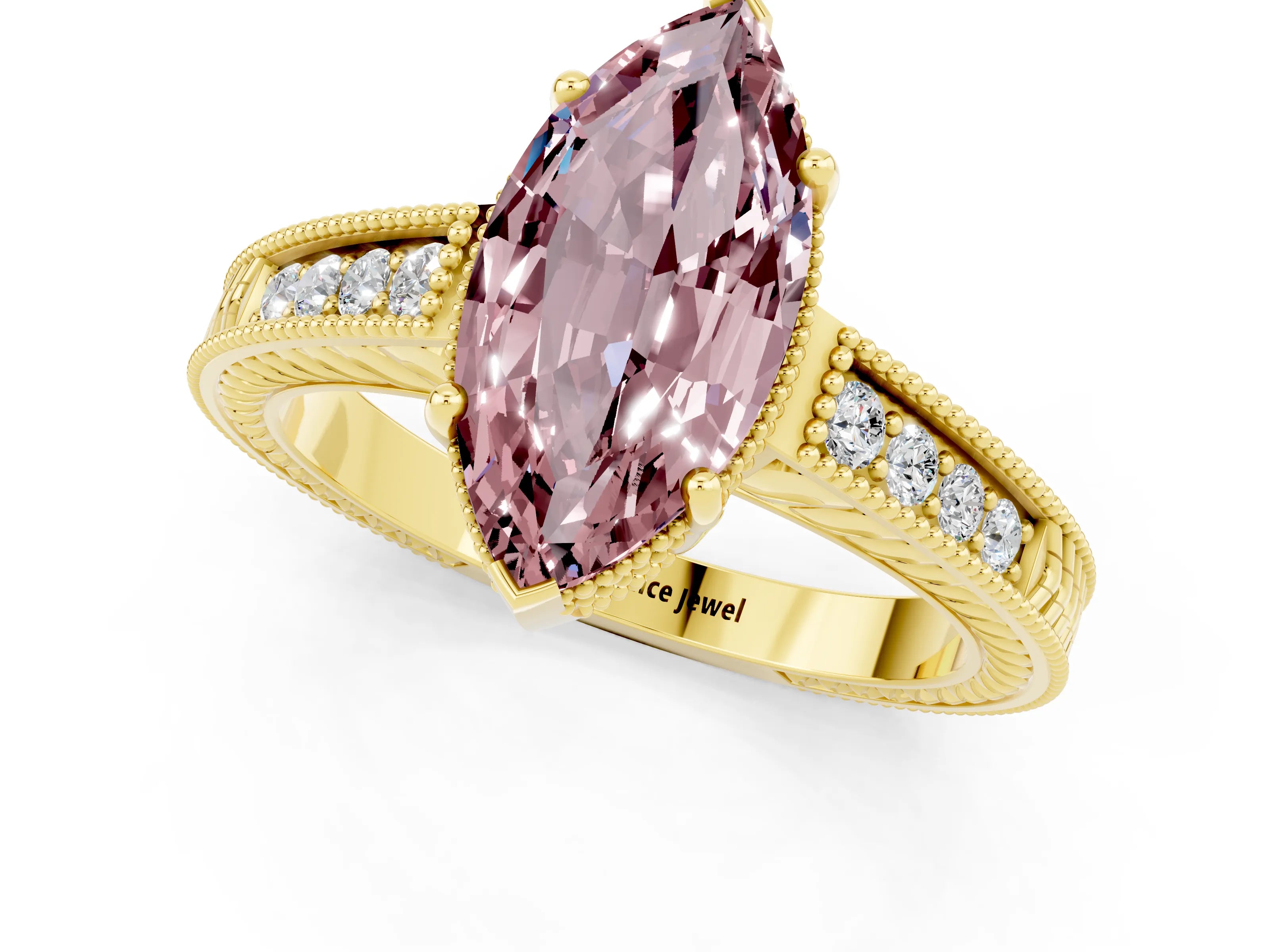 Yellow gold Marquise Cut Morganite Engagement Ring with Milgrain Channel Set Band and Prong Setting_1