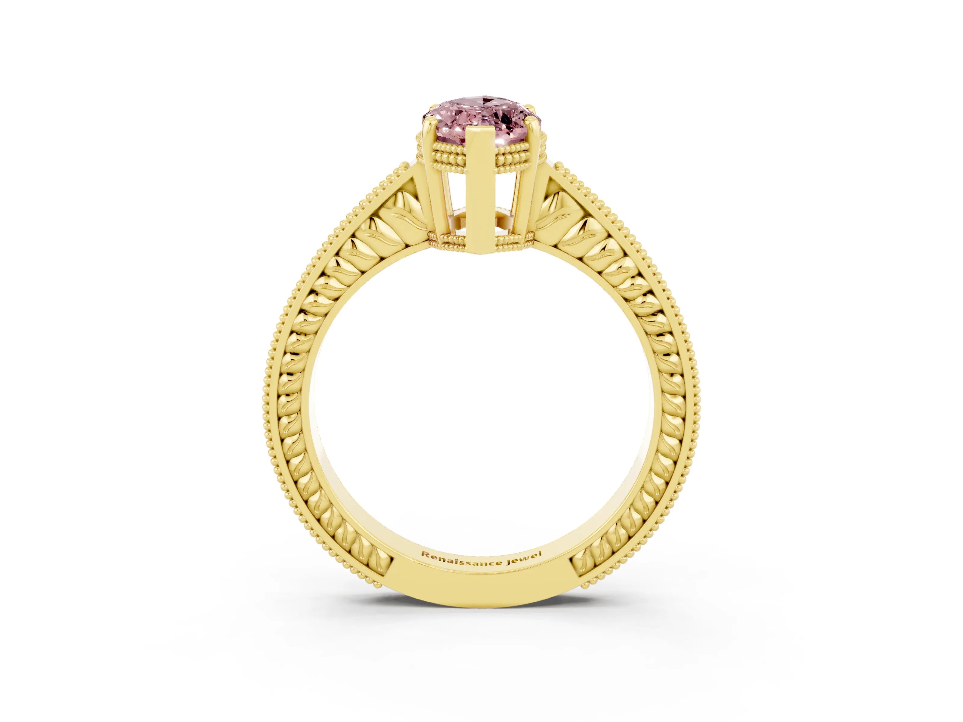 Yellow gold Marquise Cut Morganite Engagement Ring with Milgrain Channel Set Band and Prong Setting_3