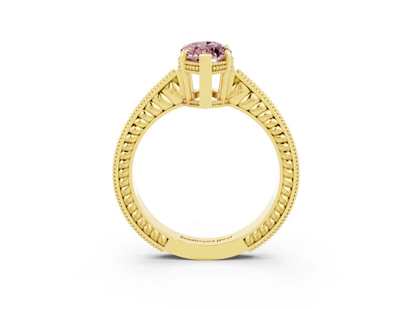 Yellow gold Marquise Cut Morganite Engagement Ring with Milgrain Channel Set Band and Prong Setting