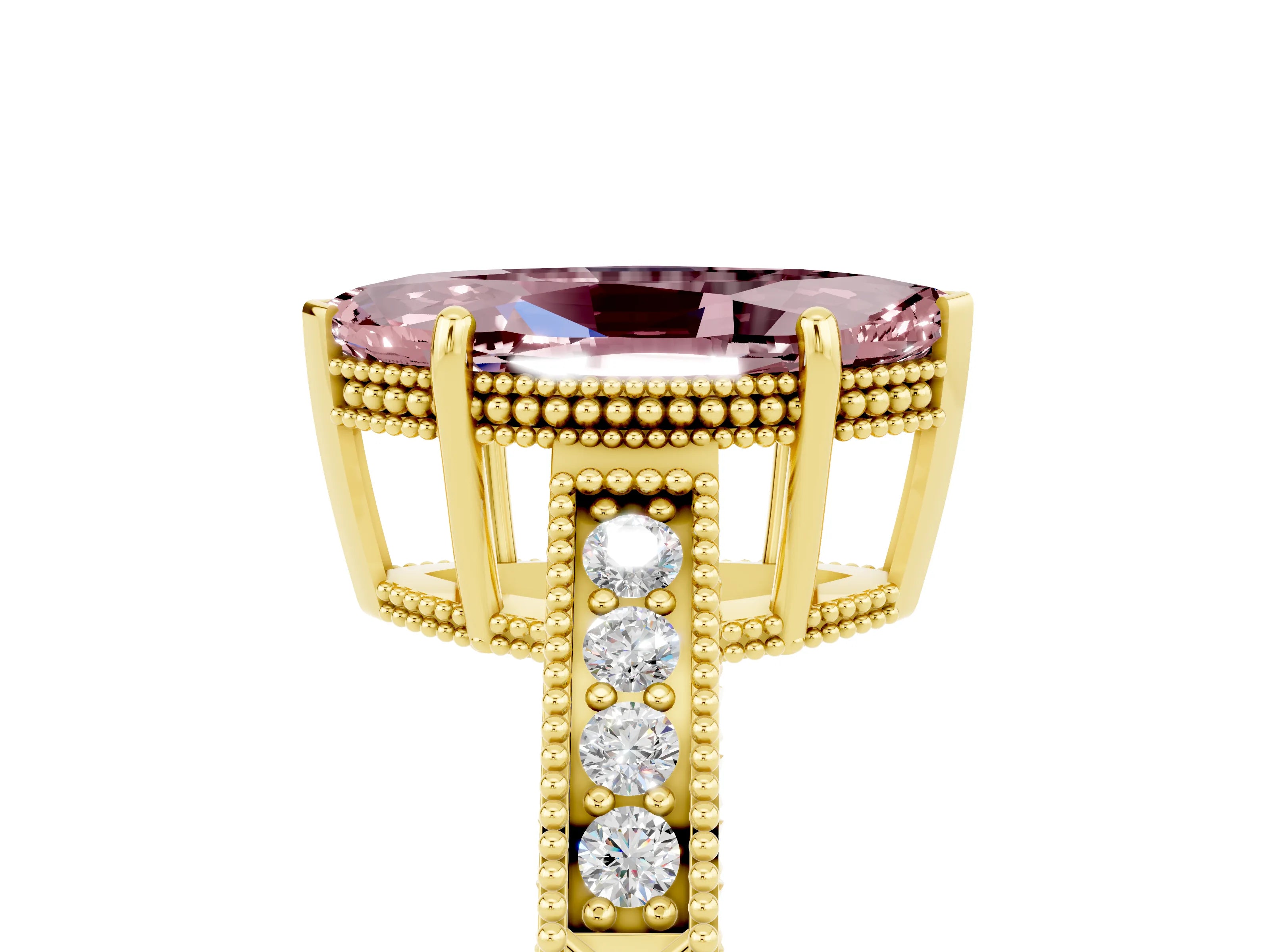 Yellow gold Marquise Cut Morganite Engagement Ring with Milgrain Channel Set Band and Prong Setting_5