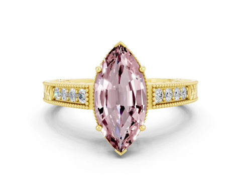 Yellow gold Marquise Cut Morganite Engagement Ring with Milgrain Channel Set Band and Prong Setting