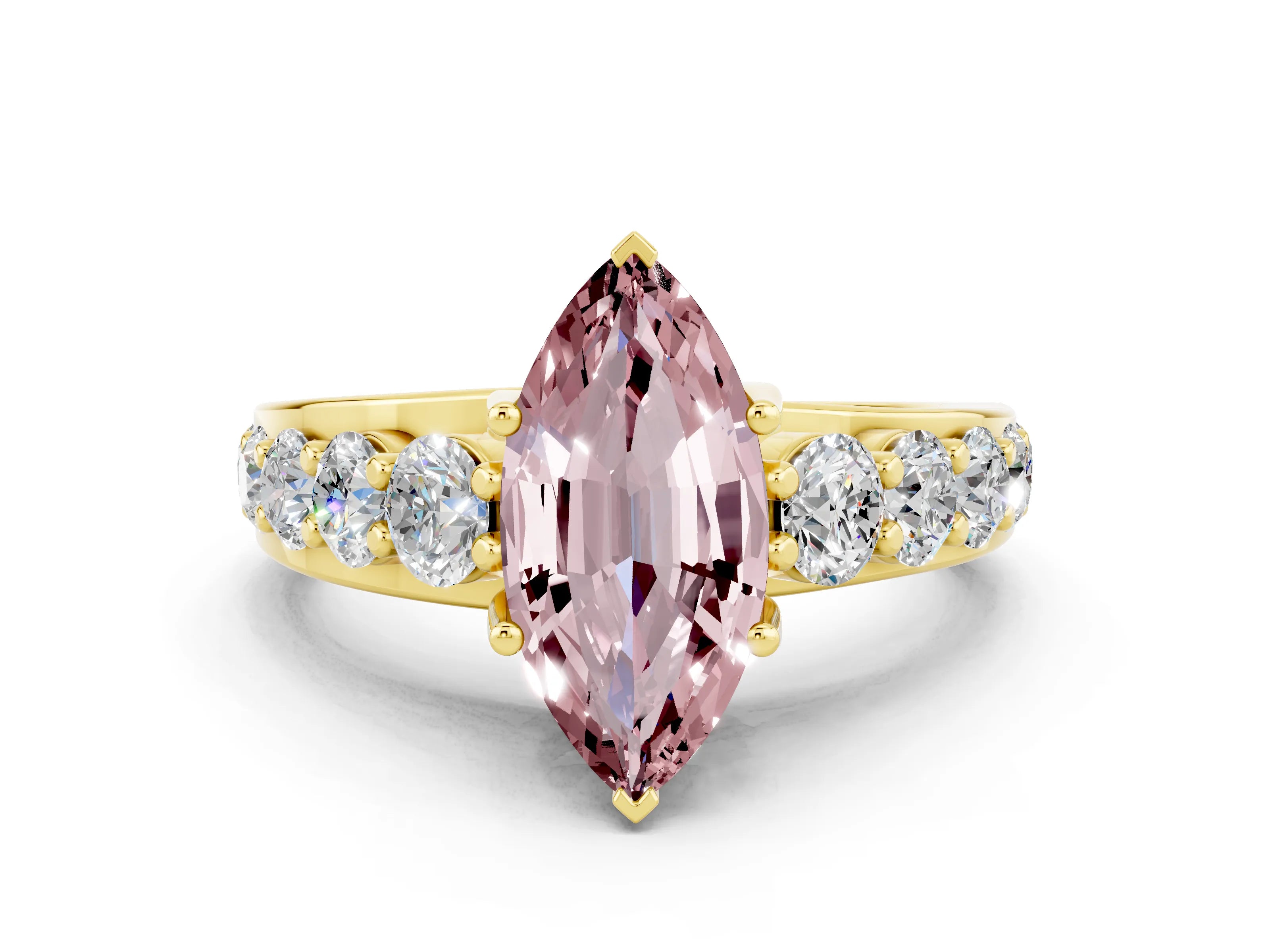 Yellow gold Marquise Cut Morganite Engagement Ring with Pavé Band and Four-Prong Setting