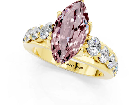 Yellow gold Marquise Cut Morganite Engagement Ring with Pavé Band and Four-Prong Setting_1
