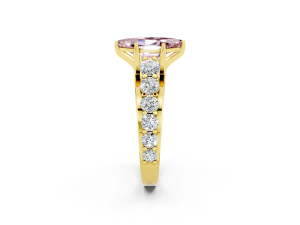 Yellow gold Marquise Cut Morganite Engagement Ring with Pavé Band and Four-Prong Setting