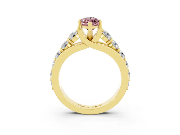 Yellow gold Marquise Cut Morganite Engagement Ring with Pavé Band and Four-Prong Setting