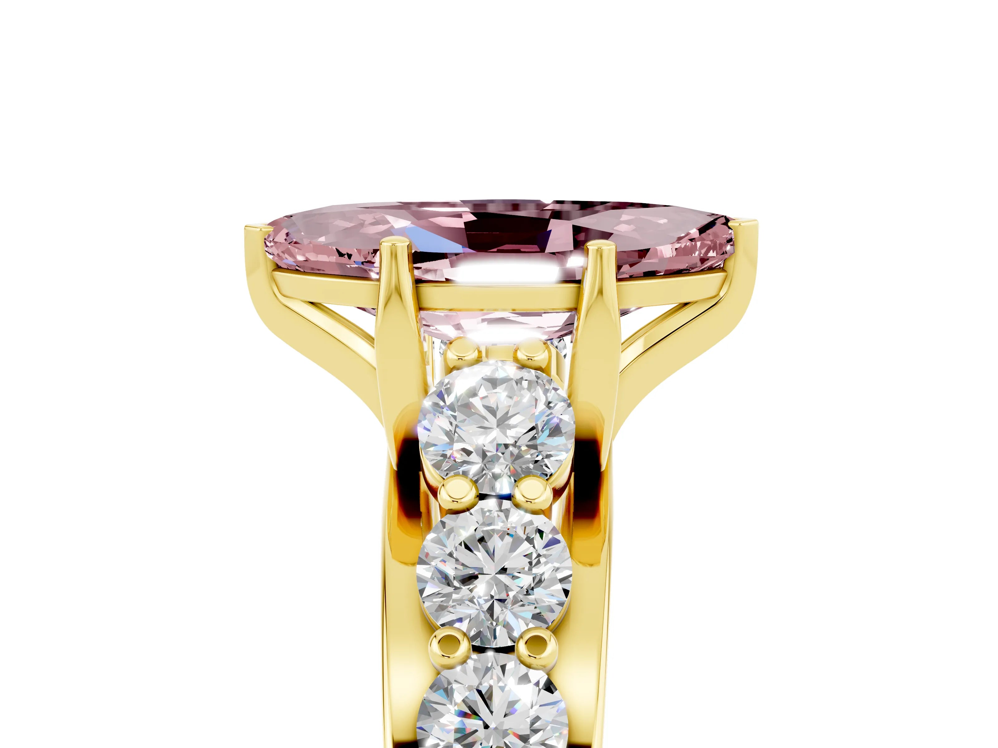Yellow gold Marquise Cut Morganite Engagement Ring with Pavé Band and Four-Prong Setting_5