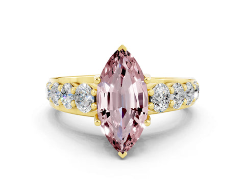 Yellow gold Marquise Cut Morganite Engagement Ring with Pavé Band and Four-Prong Setting