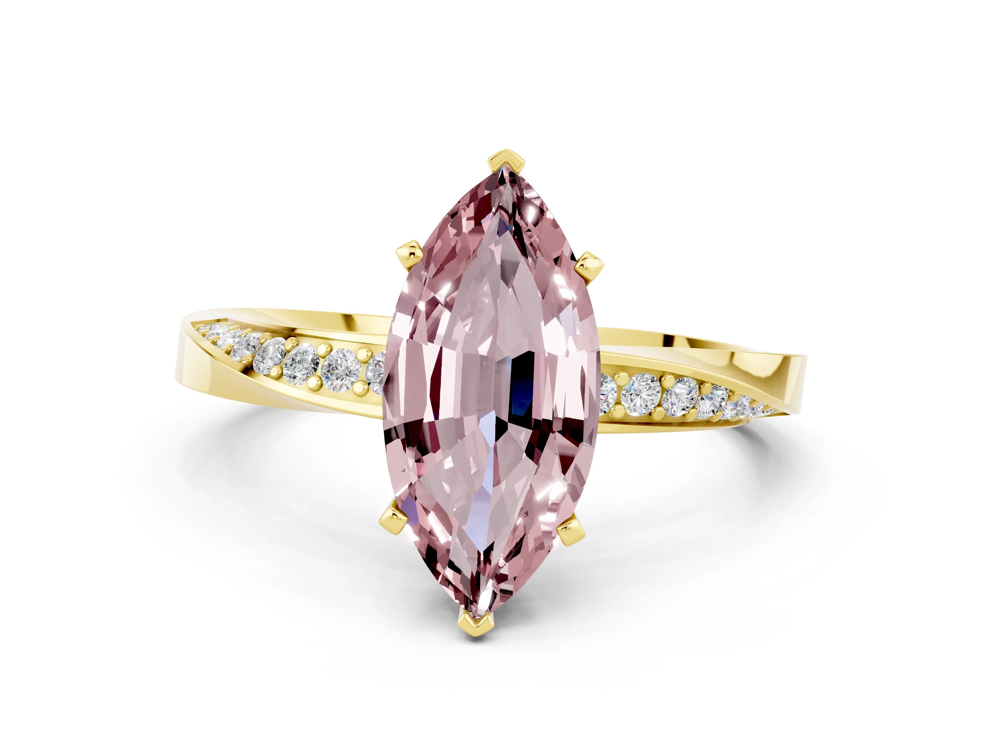 Yellow gold Marquise Cut Morganite Engagement Ring with Side Stone Accents and Four-Prong Setting_27
