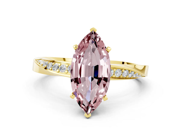 Yellow gold Marquise Cut Morganite Engagement Ring with Side Stone Accents and Four-Prong Setting