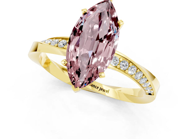 Yellow gold Marquise Cut Morganite Engagement Ring with Side Stone Accents and Four-Prong Setting