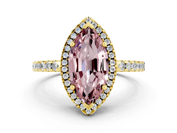 Yellow gold Marquise Cut Morganite Halo Engagement Ring with Pavé Band and Prong Setting