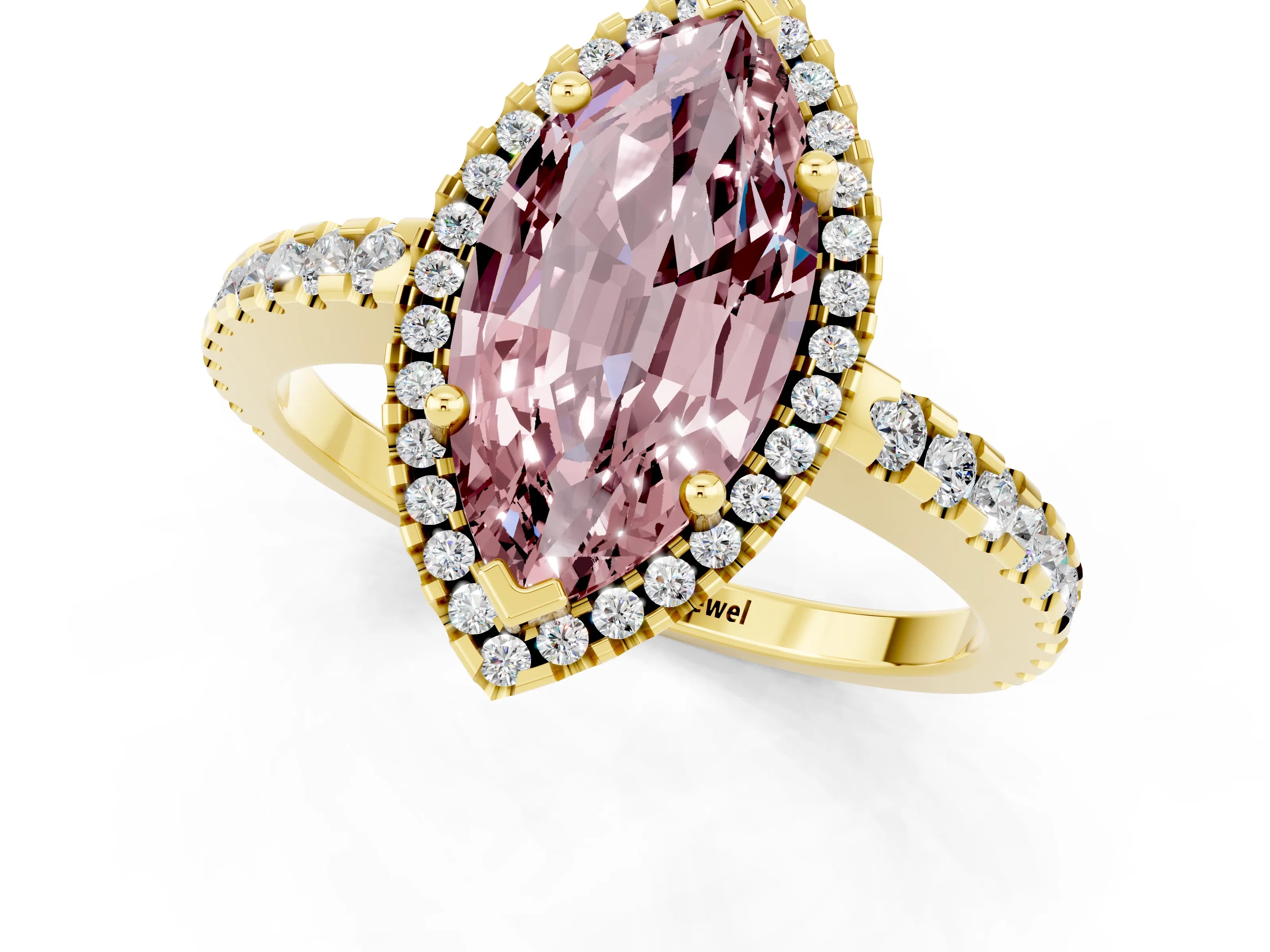 Yellow gold Marquise Cut Morganite Halo Engagement Ring with Pavé Band and Prong Setting_13
