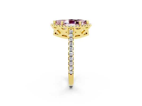 Yellow gold Marquise Cut Morganite Halo Engagement Ring with Pavé Band and Prong Setting