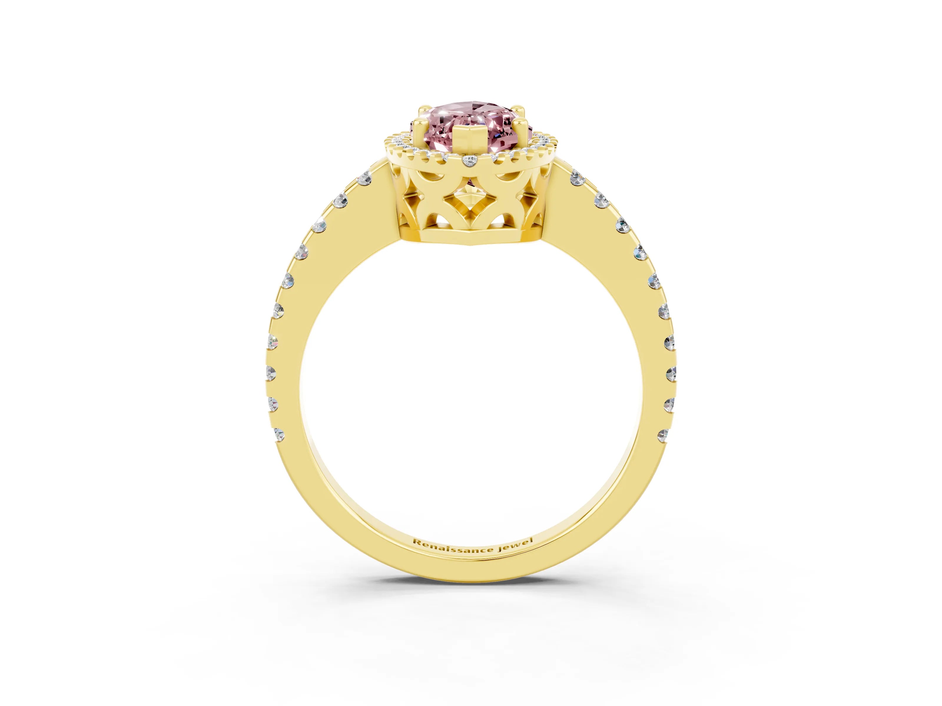 Yellow gold Marquise Cut Morganite Halo Engagement Ring with Pavé Band and Prong Setting_15